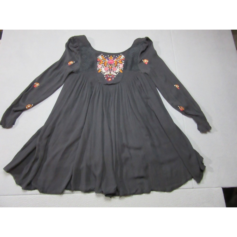 Free People Dress Womens Medium Black Floral Embroidered Mohave Mini Boho V-Neck